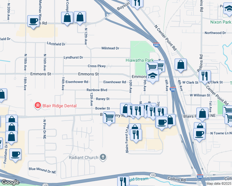 map of restaurants, bars, coffee shops, grocery stores, and more near 1038 Rainbow Boulevard in Hiawatha