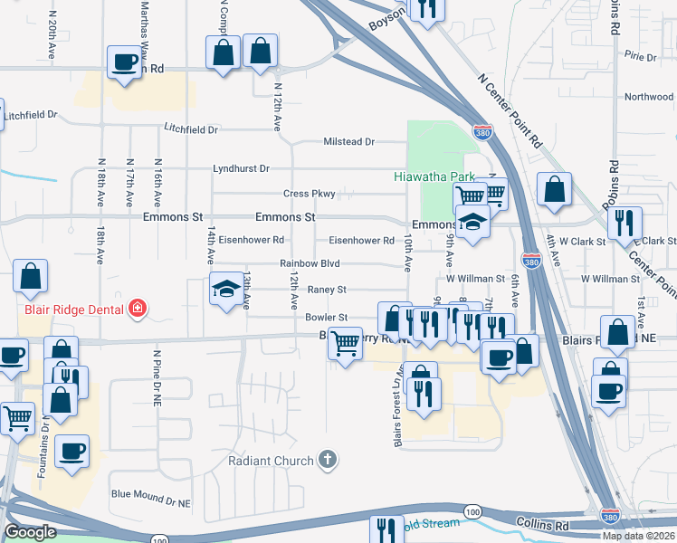 map of restaurants, bars, coffee shops, grocery stores, and more near 1077 Rainbow Boulevard in Hiawatha