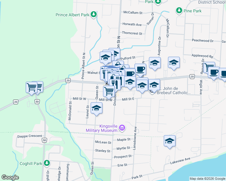 map of restaurants, bars, coffee shops, grocery stores, and more near 10 Pearl Street West in Kingsville