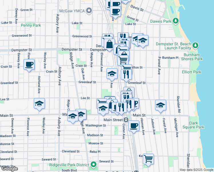 map of restaurants, bars, coffee shops, grocery stores, and more near 800 Greenleaf Street in Evanston