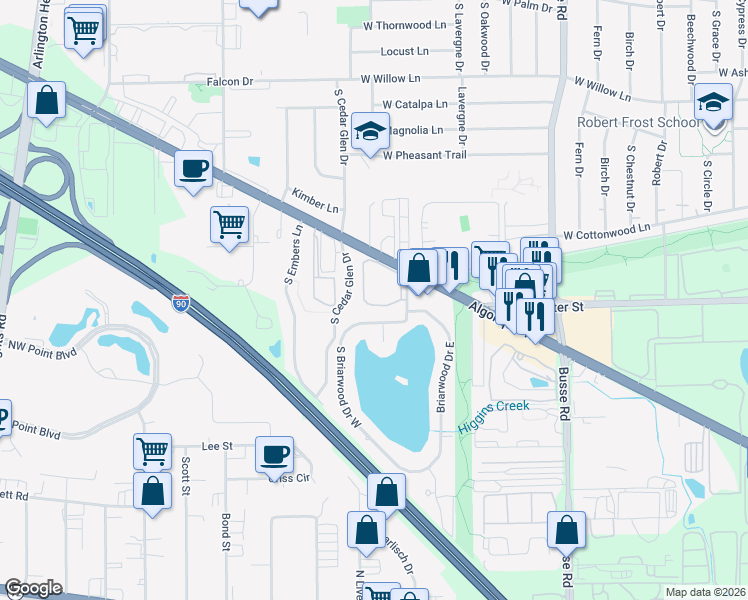 map of restaurants, bars, coffee shops, grocery stores, and more near 2651 South Cedar Glen Drive in Arlington Heights