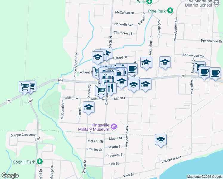 map of restaurants, bars, coffee shops, grocery stores, and more near 10 Pearl Street East in Kingsville