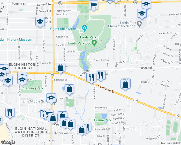 map of restaurants, bars, coffee shops, grocery stores, and more near 774 Terrace Court in Elgin