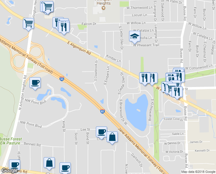 map of restaurants, bars, coffee shops, grocery stores, and more near 2693 South Embers Lane in Arlington Heights