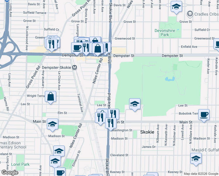 map of restaurants, bars, coffee shops, grocery stores, and more near 8611 U.S. 41 in Skokie