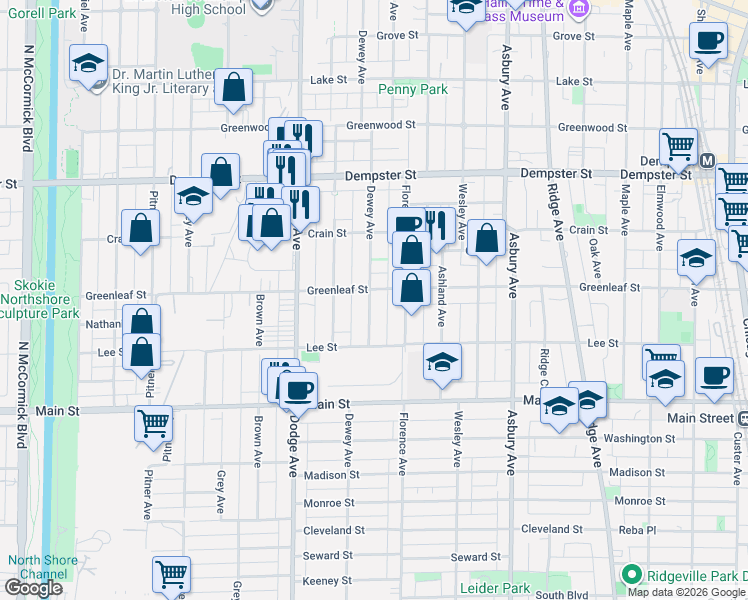 map of restaurants, bars, coffee shops, grocery stores, and more near 1047 Dewey Avenue in Evanston