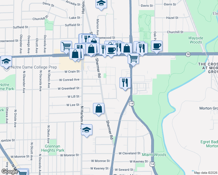 map of restaurants, bars, coffee shops, grocery stores, and more near 7030 West Greenleaf Avenue in Niles