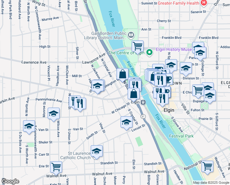 map of restaurants, bars, coffee shops, grocery stores, and more near 304 Mountain Street in Elgin