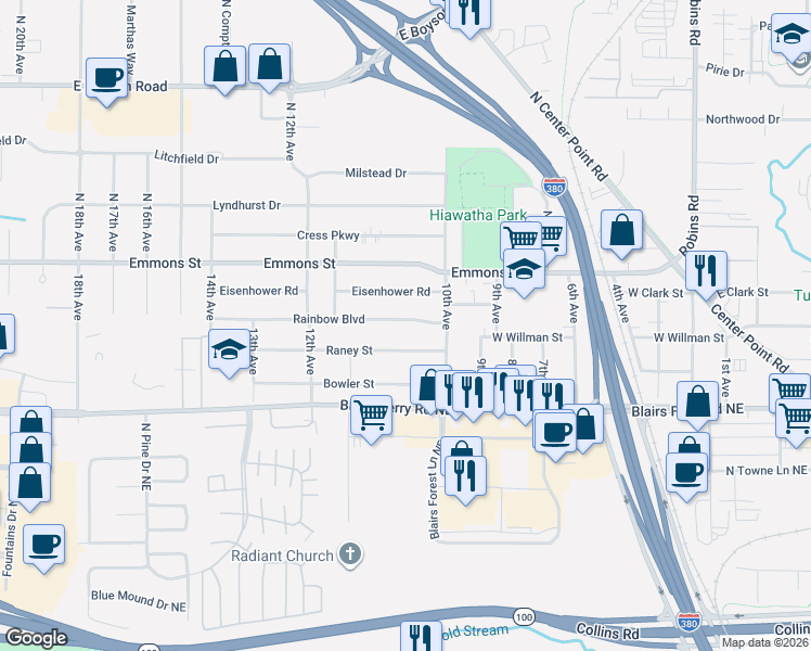 map of restaurants, bars, coffee shops, grocery stores, and more near 1039 Rainbow Boulevard in Hiawatha