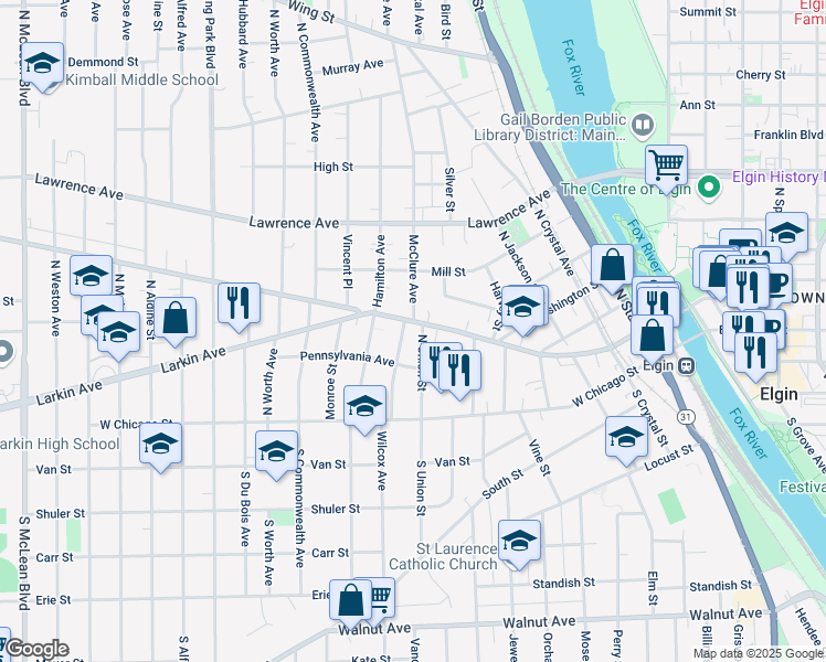 map of restaurants, bars, coffee shops, grocery stores, and more near 753 West Highland Avenue in Elgin