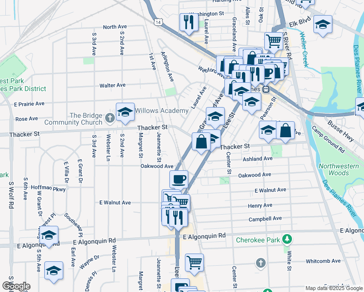 map of restaurants, bars, coffee shops, grocery stores, and more near 1201 E Thacker St in Des Plaines