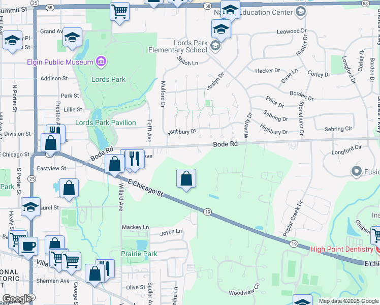 map of restaurants, bars, coffee shops, grocery stores, and more near 971 Bode Road in Elgin
