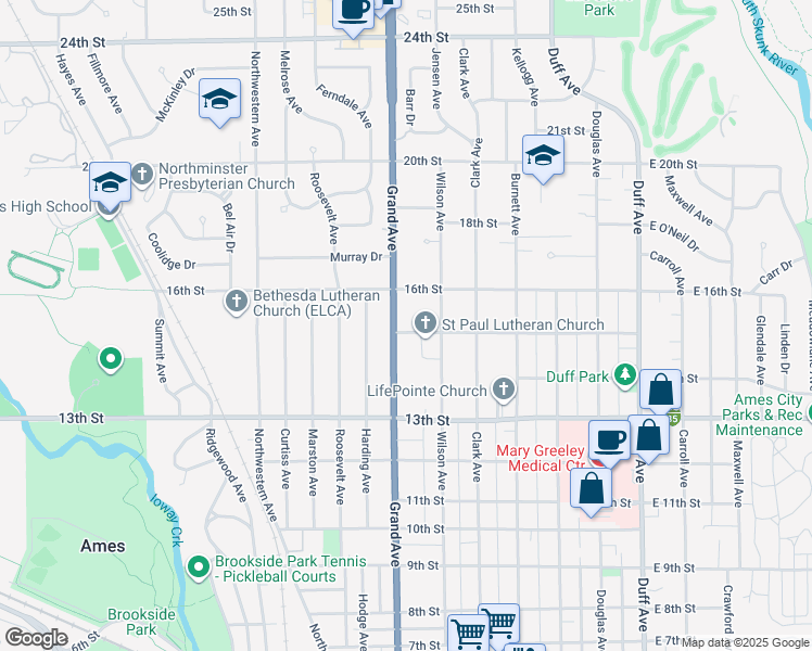 map of restaurants, bars, coffee shops, grocery stores, and more near 633 15th Street in Ames