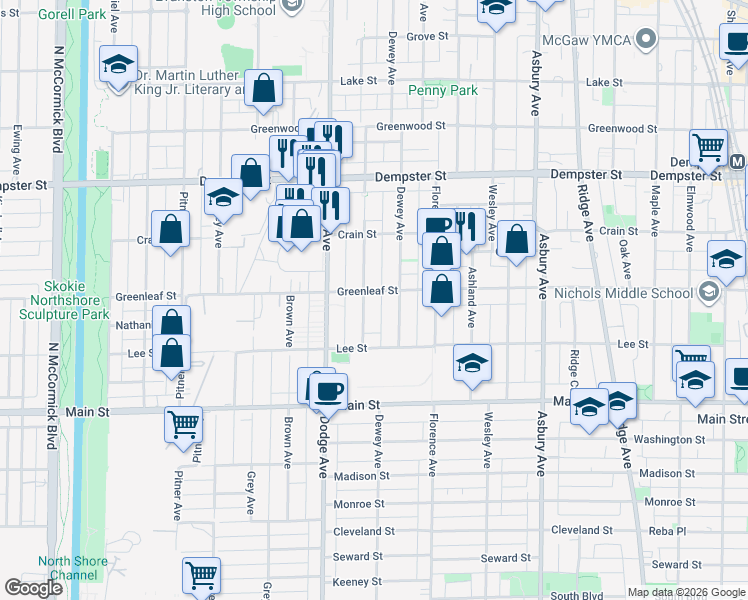 map of restaurants, bars, coffee shops, grocery stores, and more near 1047 Darrow Avenue in Evanston