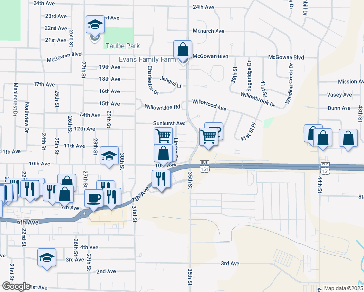 map of restaurants, bars, coffee shops, grocery stores, and more near 1115 Linden Drive in Marion