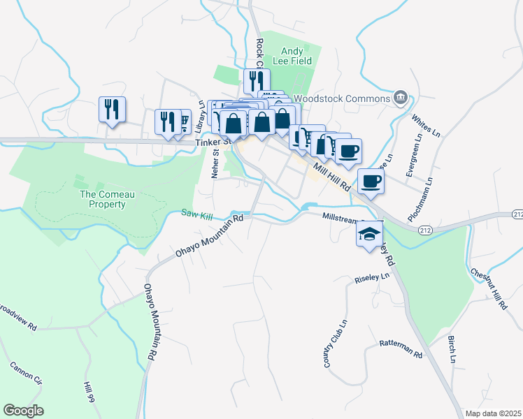 map of restaurants, bars, coffee shops, grocery stores, and more near 4 Streamside Terrace in Woodstock