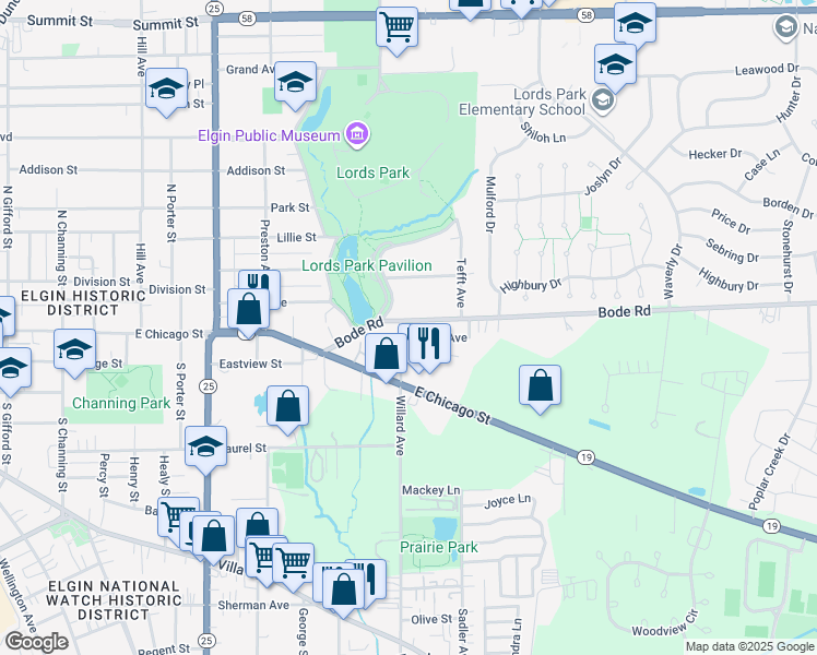 map of restaurants, bars, coffee shops, grocery stores, and more near 5 Willard Avenue in Elgin
