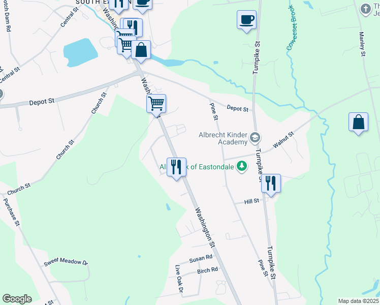 map of restaurants, bars, coffee shops, grocery stores, and more near 750 Washington St in Easton