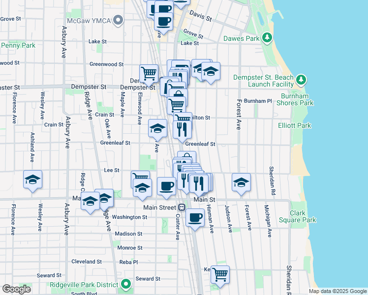 map of restaurants, bars, coffee shops, grocery stores, and more near 520 Greenleaf Street in Evanston