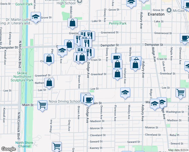 map of restaurants, bars, coffee shops, grocery stores, and more near 1047 Darrow Avenue in Evanston
