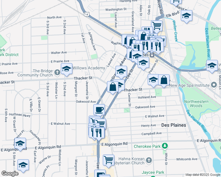 map of restaurants, bars, coffee shops, grocery stores, and more near 1277 Thacker Street in Des Plaines