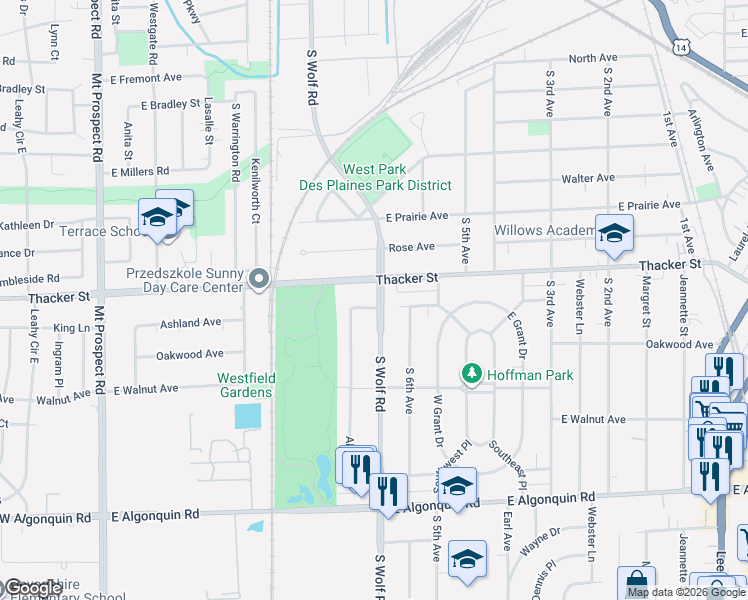 map of restaurants, bars, coffee shops, grocery stores, and more near 833 South Wolf Road in Des Plaines