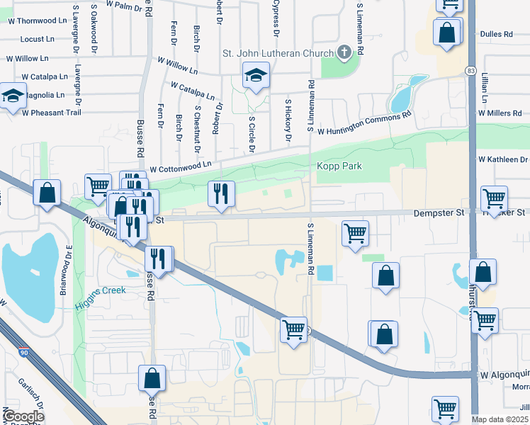map of restaurants, bars, coffee shops, grocery stores, and more near 728 Dempster Street in Mount Prospect