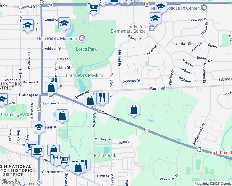 map of restaurants, bars, coffee shops, grocery stores, and more near in Elgin