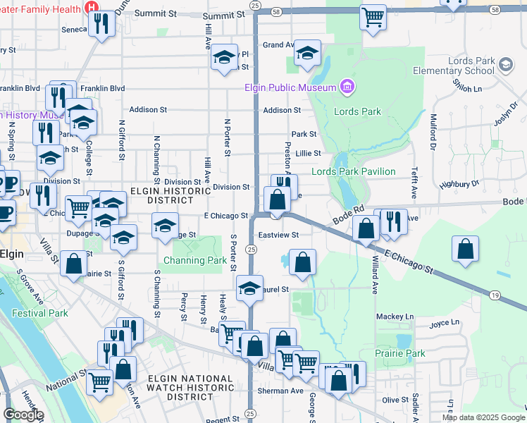 map of restaurants, bars, coffee shops, grocery stores, and more near 3 North Liberty Street in Elgin