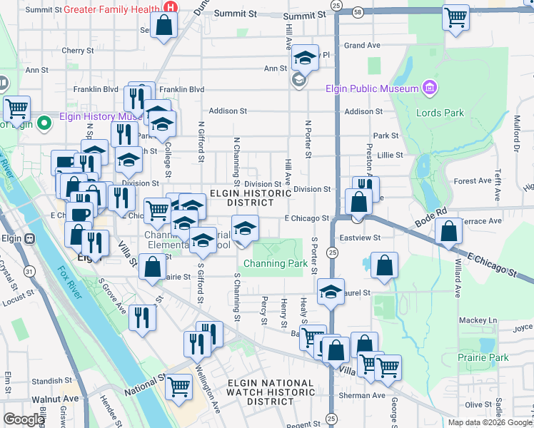 map of restaurants, bars, coffee shops, grocery stores, and more near 472 East Chicago Street in Elgin