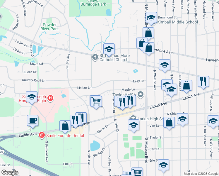 map of restaurants, bars, coffee shops, grocery stores, and more near 102 North Jane Drive in Elgin