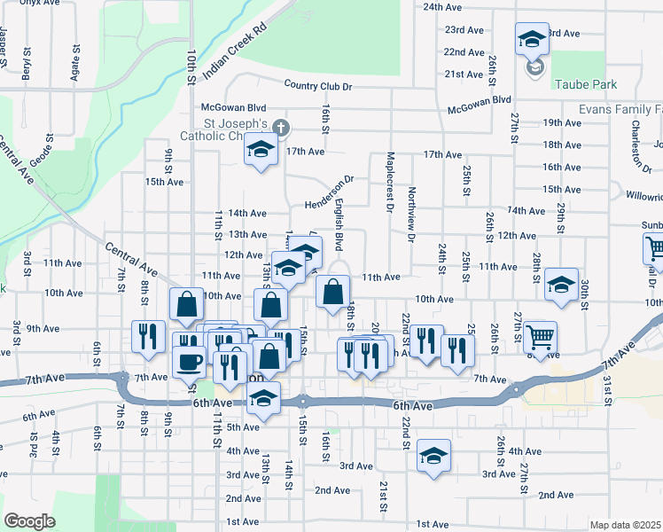 map of restaurants, bars, coffee shops, grocery stores, and more near 1130 English Boulevard in Marion