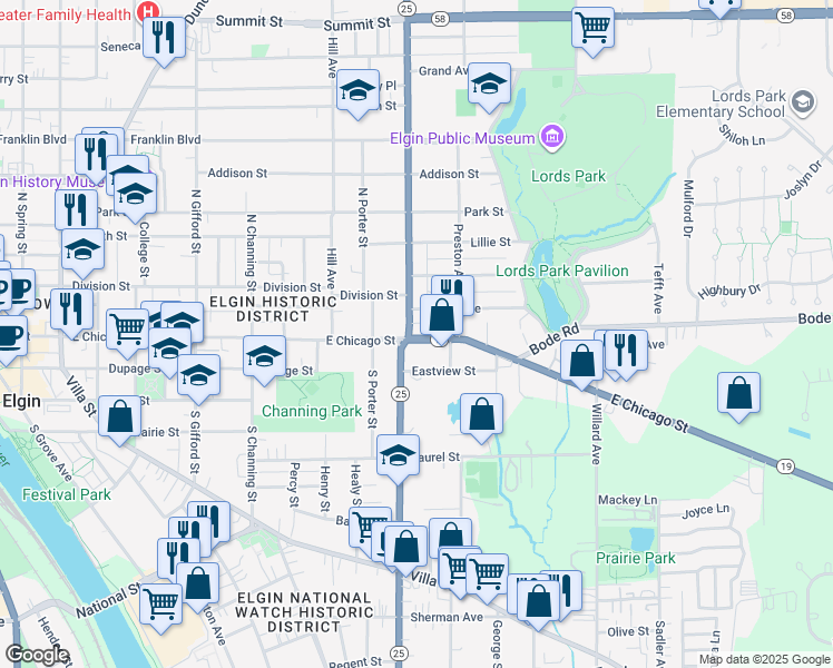 map of restaurants, bars, coffee shops, grocery stores, and more near 3 North Liberty Street in Elgin