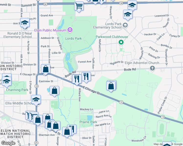 map of restaurants, bars, coffee shops, grocery stores, and more near 841 Bode Road in Elgin