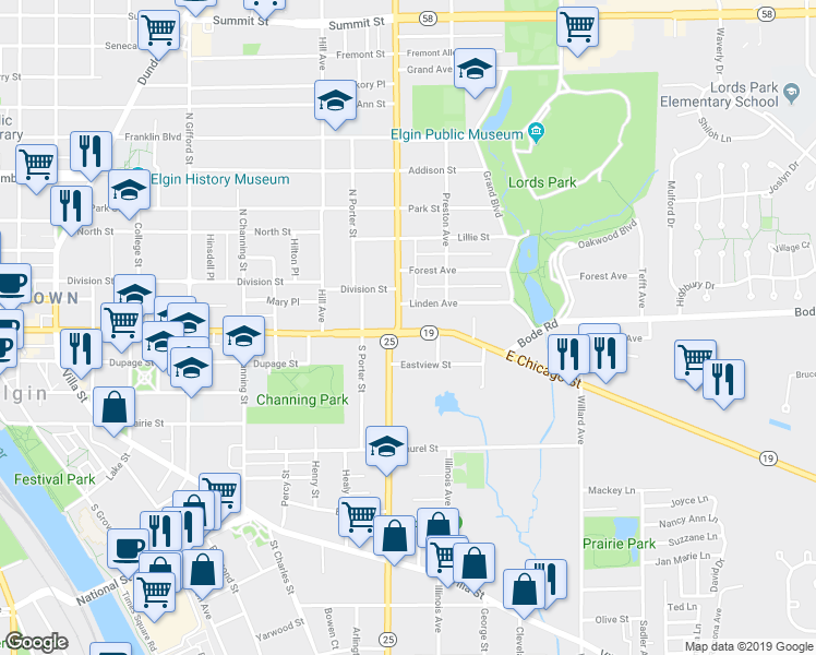 map of restaurants, bars, coffee shops, grocery stores, and more near 3 North Liberty Street in Elgin