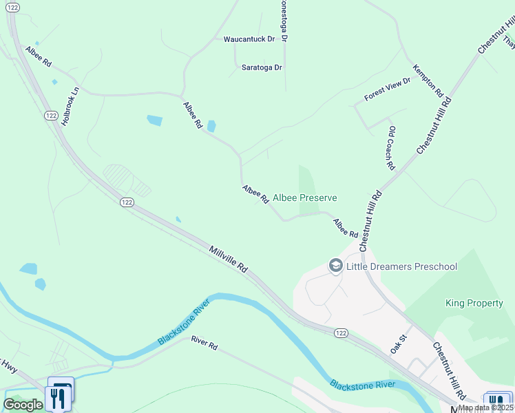 map of restaurants, bars, coffee shops, grocery stores, and more near 274 Albee Road in Uxbridge