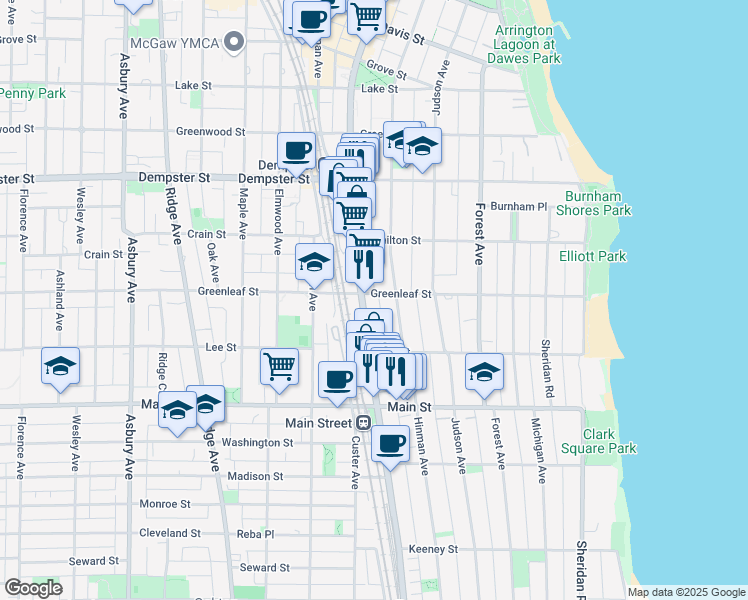 map of restaurants, bars, coffee shops, grocery stores, and more near 520 Greenleaf Street in Evanston
