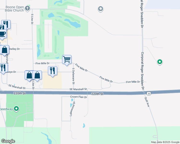 map of restaurants, bars, coffee shops, grocery stores, and more near Five Mile Drive in Boone