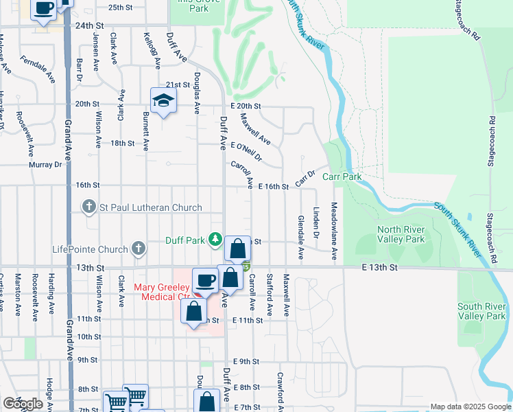 map of restaurants, bars, coffee shops, grocery stores, and more near 1512 Carroll Avenue in Ames