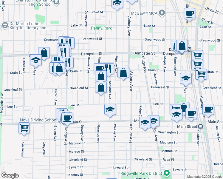 map of restaurants, bars, coffee shops, grocery stores, and more near 1426 Greenleaf Street in Evanston