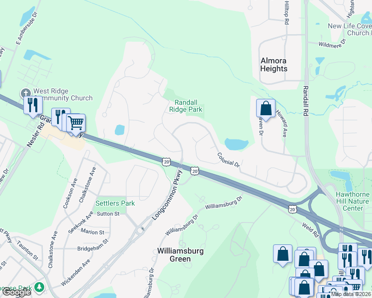 map of restaurants, bars, coffee shops, grocery stores, and more near 2813 Weld Road in Elgin