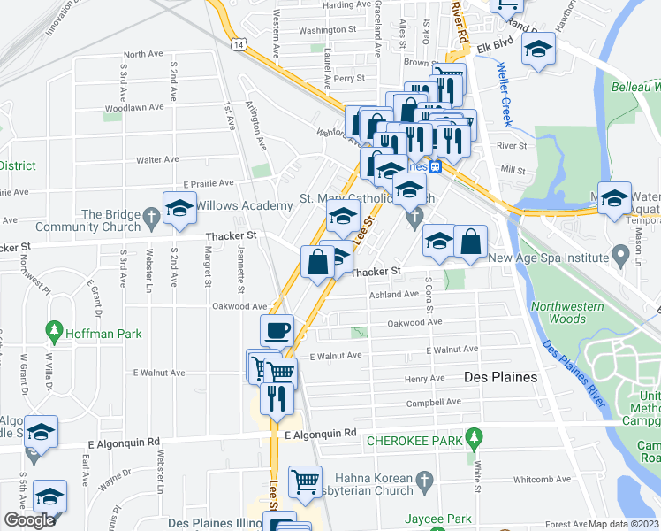 map of restaurants, bars, coffee shops, grocery stores, and more near in Des Plaines