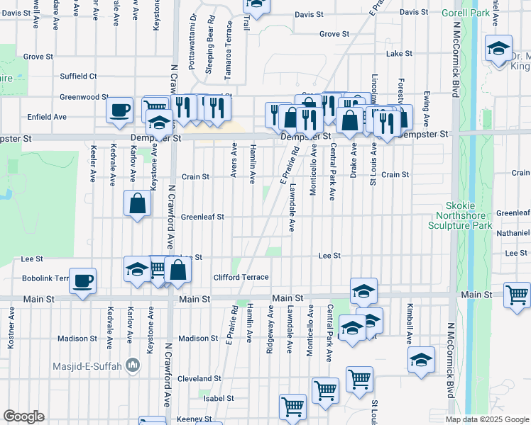 map of restaurants, bars, coffee shops, grocery stores, and more near 8611 East Prairie Road in Skokie