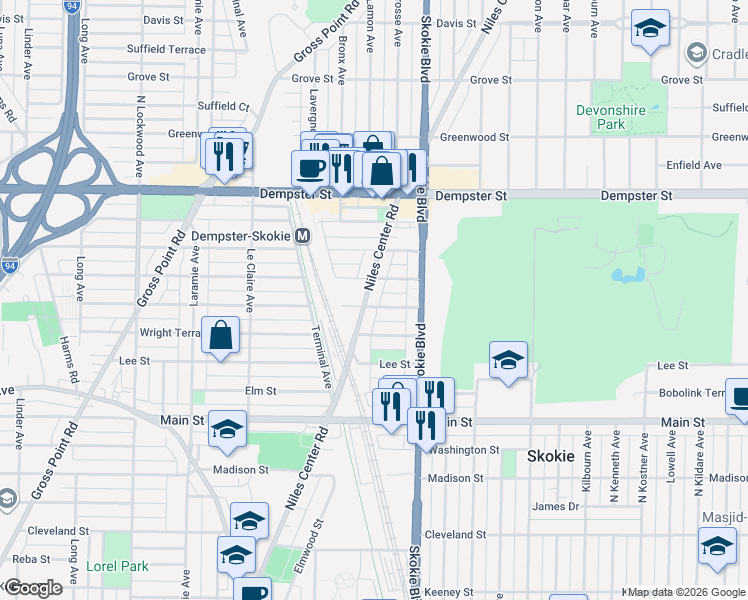 map of restaurants, bars, coffee shops, grocery stores, and more near 4832 Greenleaf Street in Skokie