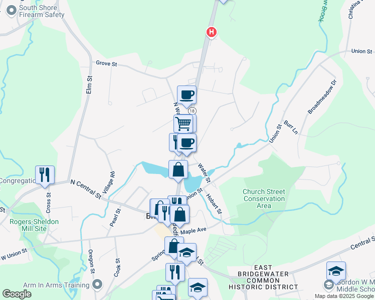 map of restaurants, bars, coffee shops, grocery stores, and more near 135 North Bedford Street in East Bridgewater