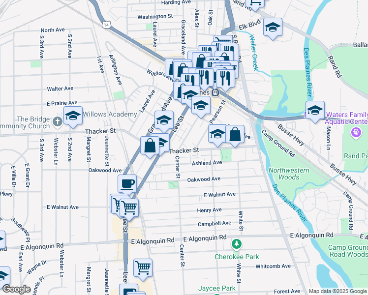 map of restaurants, bars, coffee shops, grocery stores, and more near 1430 Dempster Street in Des Plaines