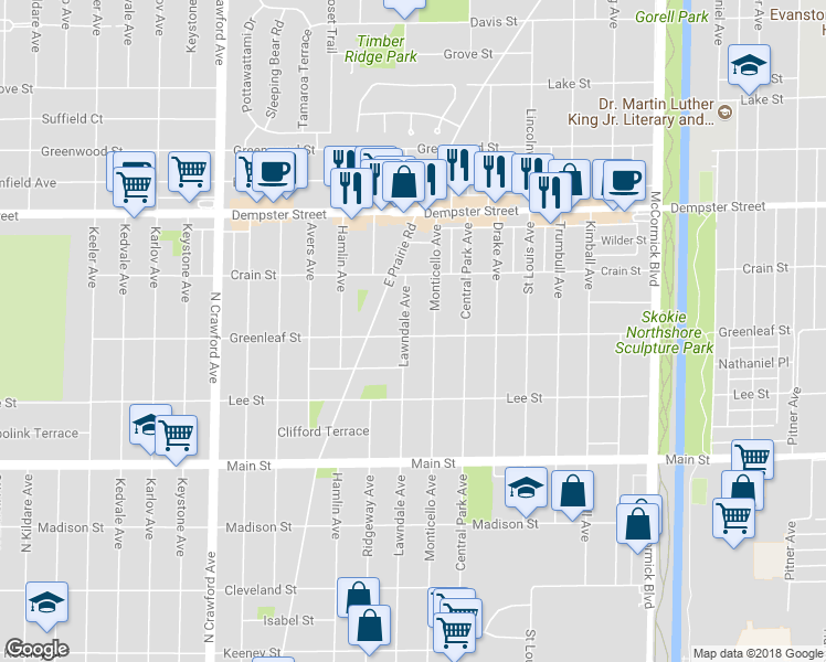 map of restaurants, bars, coffee shops, grocery stores, and more near 3652 Greenleaf Street in Skokie
