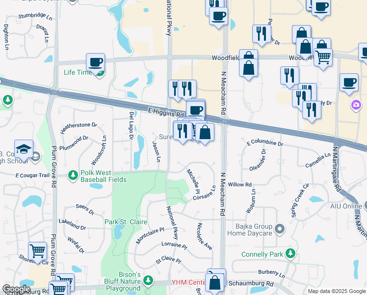 map of restaurants, bars, coffee shops, grocery stores, and more near 1235 East Higgins Road in Schaumburg
