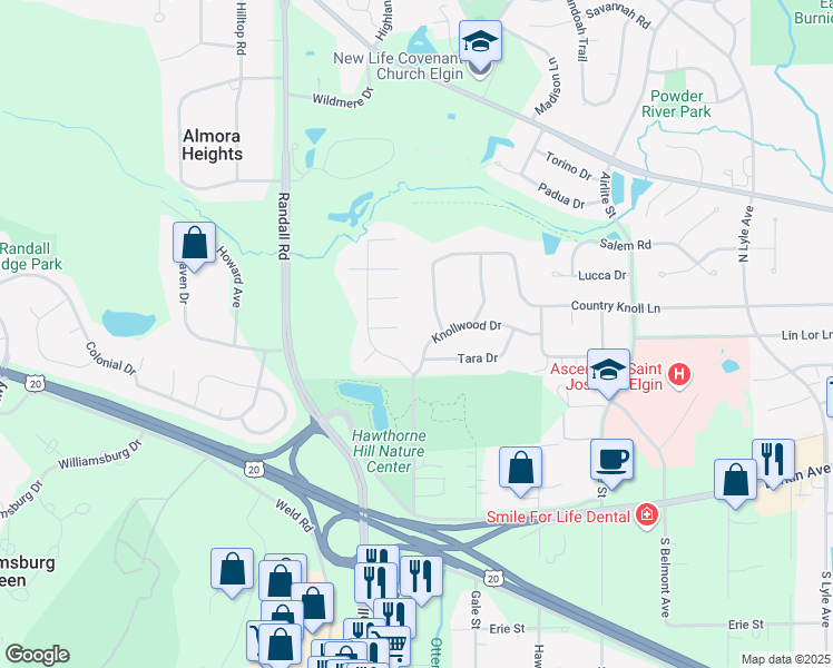map of restaurants, bars, coffee shops, grocery stores, and more near 135-37 North State Street in Elgin