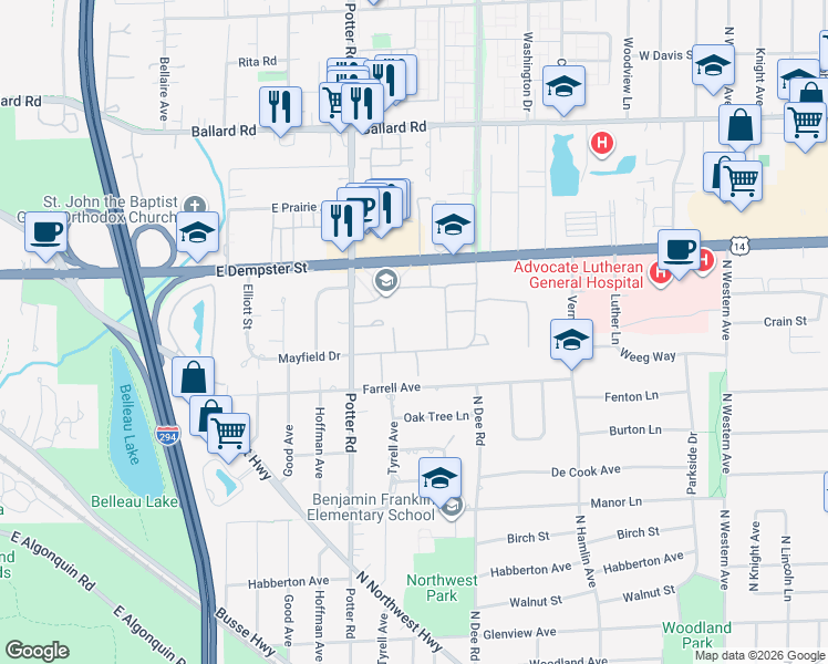 map of restaurants, bars, coffee shops, grocery stores, and more near 2601 Dempster Street in Des Plaines